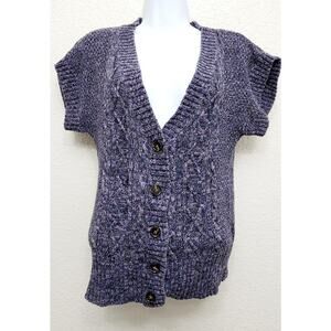 Tommy Hilfiger Purple Black Marled Cable Knit Cardigan Sweater Small Cap Sleeves